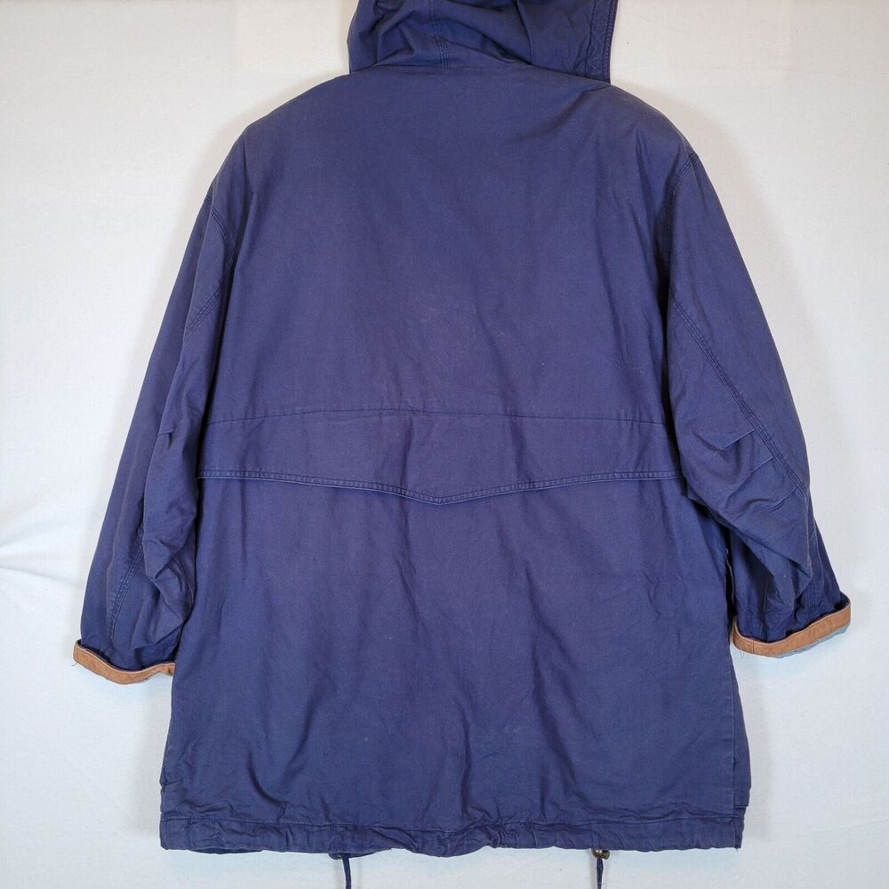 Express Womens Zip Leather Collar Barn Chore Coat Size Large Blue Vintage Hood - Picture 10 of 10